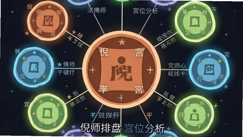 主体为手机界面截图,展示倪师排盘的宫位联动效果,布局为中心宫位放大,周围关联宫位高亮显示,排版为放射状视觉引导,风格为扁平化UI设计,细节处显示星曜名称与连线,画质细腻,干净无噪点,文字显示“倪师排盘 宫位分析”
