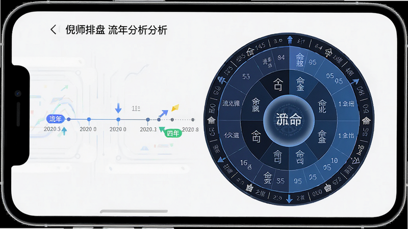 主体为手机界面展示流年运势分析页面,布局为时间轴与命盘结合,排版清晰,风格为数据可视化风格,细节处显示流年四化箭头指向,画质高清,干净无杂乱元素,文字显示“倪师排盘 流年分析”