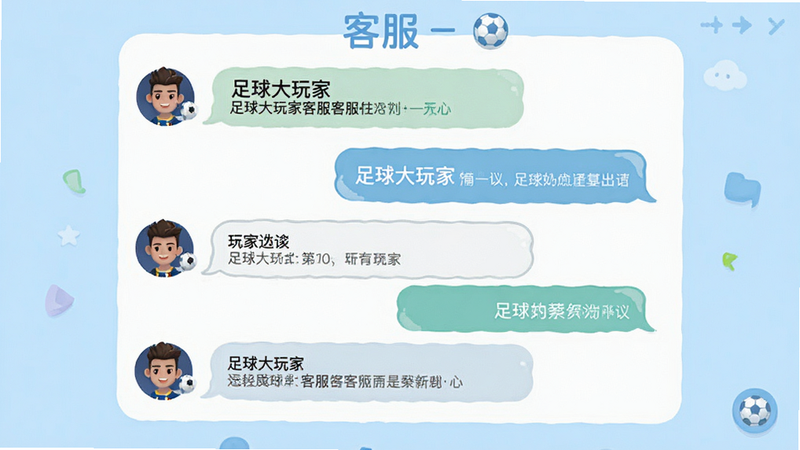 一张客服聊天界面的模拟图,主体为对话框,显示玩家与客服的沟通记录,背景为浅蓝色,风格简洁友好,细节展示头像与气泡,画质清晰,干净,无多余元素,文字内容包含“足球大玩家”客服