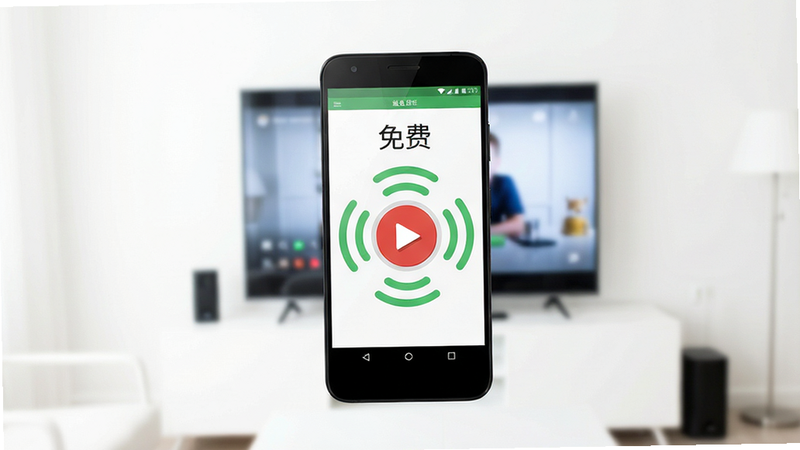 主体为白色现代简约客厅场景,中央悬浮一部黑色边框安卓智能手机,屏幕显示智能遥控(免费)APP界面,界面中心是大大的红色圆形发送键,周围环绕绿色信号波纹,背景虚化显示一台正在播放画面的平板电视,整体色调清新明亮,扁平化UI设计,高清摄影质感,无多余杂物,干净利落
