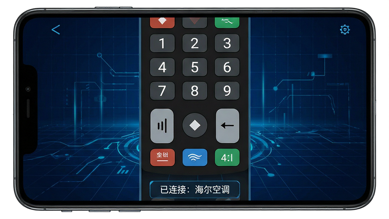 主体为智能遥控(免费)APP的操作界面截图,背景为深蓝色科技感网格,屏幕中央展示一个巨大的虚拟遥控器布局,包含数字键、音量键、频道键,界面下方显示“已连接:海尔空调”的状态标签,字体清晰锐利,界面元素扁平化,高对比度,4K高清细节,无水印,纯净UI设计