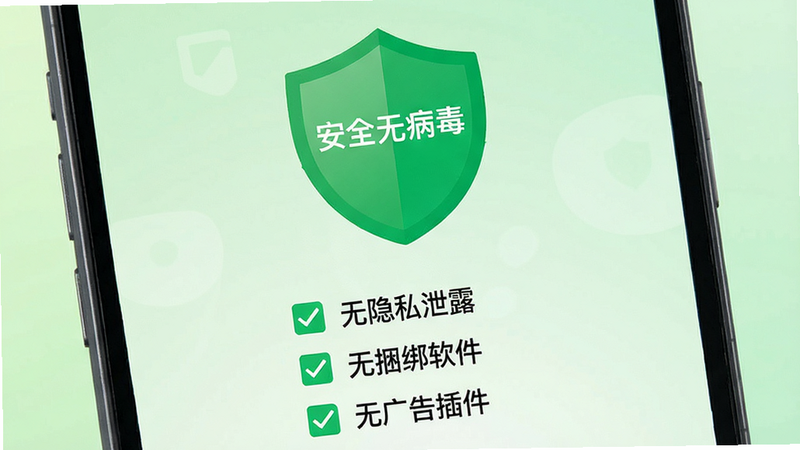 主体为手机安全扫描界面,绿色盾牌图标居中,显示“安全无病毒”字样,下方列出“无隐私泄露”、“无捆绑软件”、“无广告插件”三个勾选项,背景为浅绿色渐变,象征安全与信任,风格扁平化,清晰易读,高清晰度,无多余装饰,干净界面,专业安全认证风格