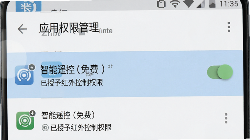 主体为一部安卓手机的设置界面截图,背景为白色,屏幕显示“应用权限管理”列表,其中“智能遥控(免费)”被高亮选中,右侧开关为开启状态,下方文字提示“已授予红外控制权限”,界面简洁明了,字体清晰,UI风格现代,高保真渲染,无多余图标,干净界面,专业软件教程图风格