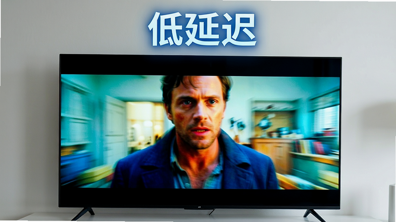 主体为电视屏幕播放高清电影画面,布局特写镜头,聚焦屏幕色彩饱和度,风格现代家居氛围,细节展示动态模糊效果以体现流畅度,画质4K级别,干净,无多余元素,文字“低延迟”以蓝色光晕形式漂浮在屏幕上方