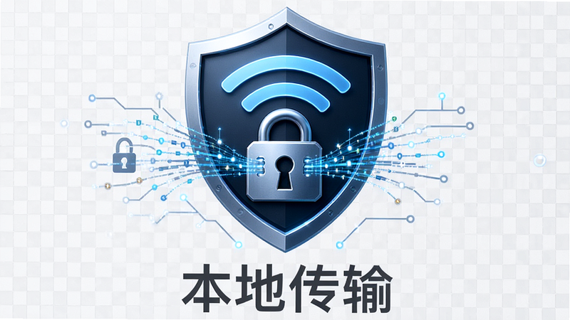主体为锁头图标与Wi-Fi信号标志组合,布局中心对称,背景为浅灰色网格,风格科技感安全盾牌,细节展示数据流被锁住的效果,画质细腻,干净,无多余元素,文字“本地传输”位于锁头下方,字体深灰色
