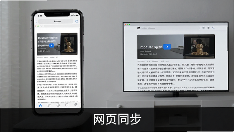 主体为手机屏幕与电视屏幕并排展示,布局左右对比,左侧手机显示网页文章,右侧电视同步显示相同网页,排版整齐,风格极简主义,细节展示文字清晰度对比,画质高保真,干净,无多余元素,文字“网页同步”位于画面底部