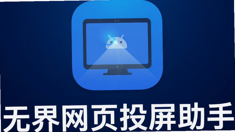 主体为无界网页投屏助手安卓应用图标,布局居中,背景为深蓝色科技渐变,排版简洁现代,风格扁平化设计,细节包含高清屏幕投射光束效果,画质清晰,干净,无多余元素,文字“无界网页投屏助手”位于图标下方,字体白色加粗