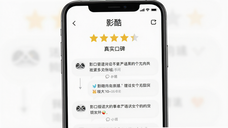 “影酷”App用户评分界面,显示5星好评和评论气泡,背景为白色,文字标注“真实口碑”,风格为清新简约,布局居中,细节清晰,画质清晰