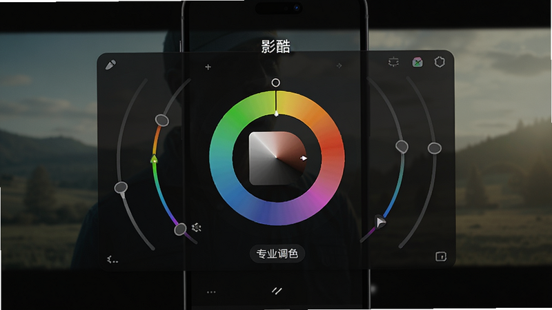 “影酷”App调色界面,屏幕中央展示色彩轮,周围分布着曲线调节滑块,文字标注“专业调色”,背景为模糊的电影剧照,风格为专业摄影棚风格,布局居中对称,细节丰富,画质高清