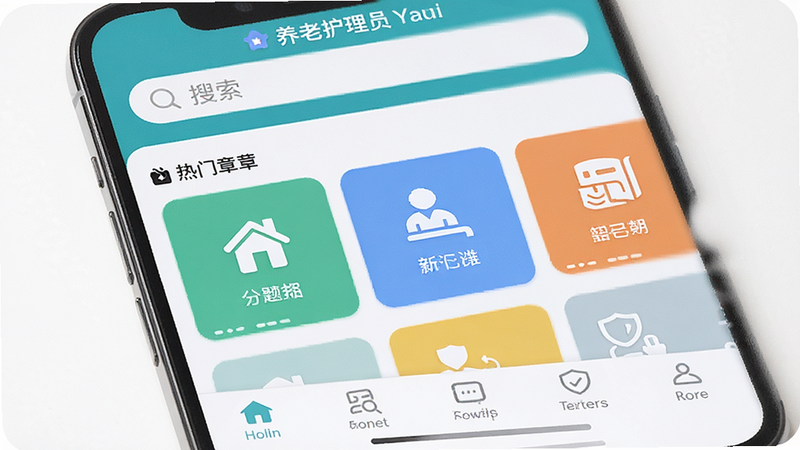 主体为智能手机屏幕界面,显示“养老护理员超题库”APP首页,布局为顶部搜索栏、中部热门章节卡片、底部导航栏,排版简洁清晰,风格为扁平化UI设计,细节包含清晰的图标与高对比度文字,画质4k高清,干净无多余元素