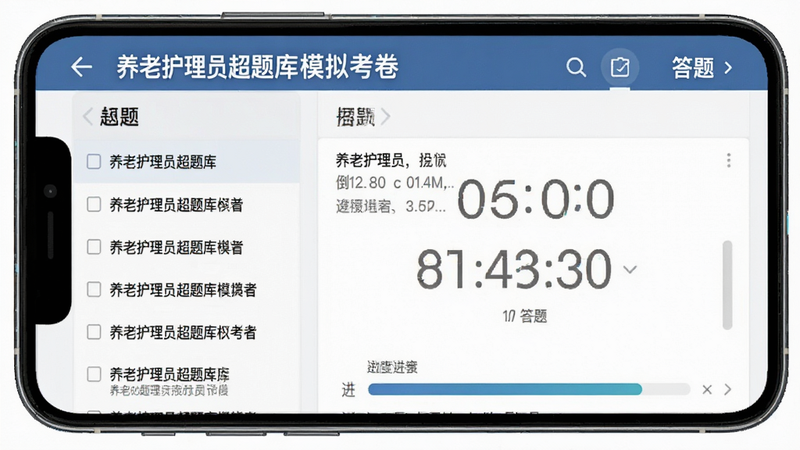 主体为手机屏幕,显示“养老护理员超题库”的模拟考卷界面,布局为左侧题目列表、右侧答题区,排版工整,风格为严肃专业的考试界面,细节包含倒计时显示与进度条,画质高清,干净无干扰元素