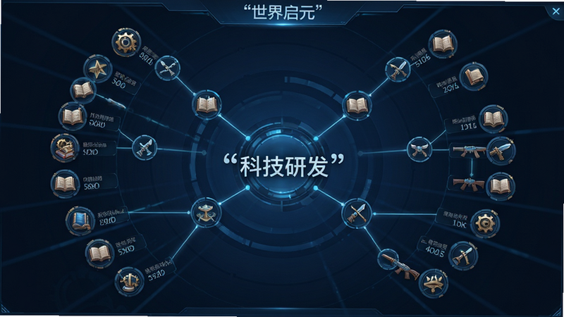 主体展示《世界启元》科技树界面,布局呈放射状展开,排版整齐显示多个科技节点连接,风格为科幻与古典结合的科技蓝色调,细节体现齿轮、书籍、武器等图标,画质高清,干净无多余元素,文字“科技研发”加引号