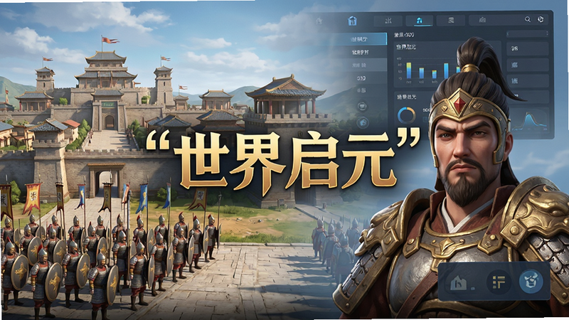 主体为《世界启元》游戏主视觉图,布局居中展示宏伟的古代城池与现代化UI界面融合,排版清晰包含“世界启元”Logo,风格为写实3D渲染结合扁平化UI,细节丰富展现士兵列阵与将领特写,画质4K高清,干净无多余元素,文字“世界启元”加引号