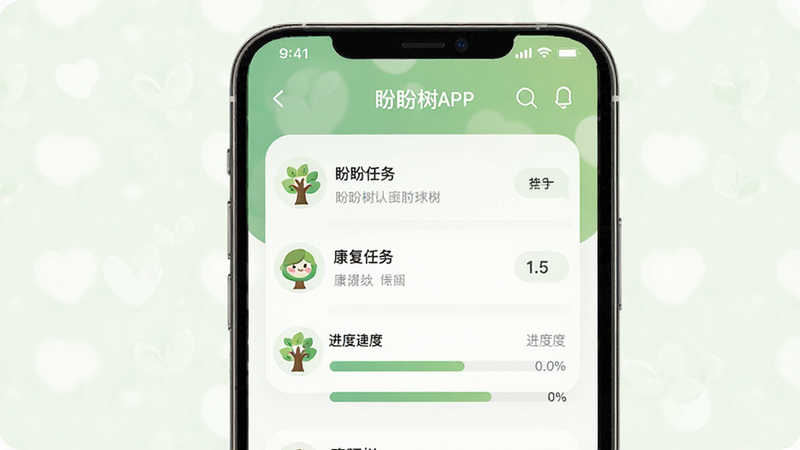 一张展示盼盼树APP核心界面的宣传图,主体为手机屏幕显示康复任务列表与进度条,布局简洁现代,排版清晰,风格温馨治愈,细节包含卡通树形图标与柔和的绿色色调,画质高清,干净,无多余元素