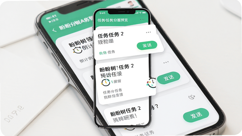 盼盼树APP任务分发界面预览,主体为手机屏幕显示任务卡片列表,布局为垂直列表式,排版整齐,风格扁平化设计,细节包含任务标题、倒计时图标与发送按钮,画质清晰,干净,无多余元素