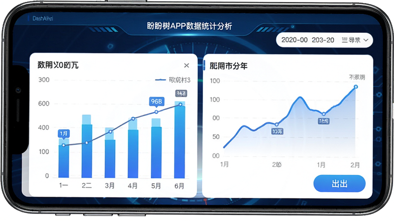 盼盼树APP数据统计分析界面,主体为手机屏幕显示柱状图与折线图,布局为仪表盘风格,排版紧凑,风格科技蓝色调,细节包含数据标签、日期范围选择器与导出按钮,画质高清,干净,无多余元素