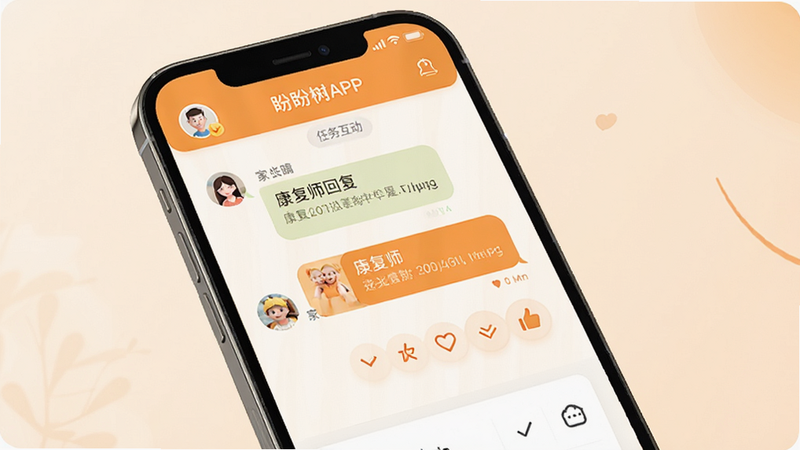 盼盼树APP家校互动界面,主体为手机屏幕显示聊天对话框与任务反馈记录,布局为左右分栏式,排版自然流畅,风格温暖橙色系,细节包含家长头像、康复师回复气泡与点赞图标,画质清晰,干净,无多余元素