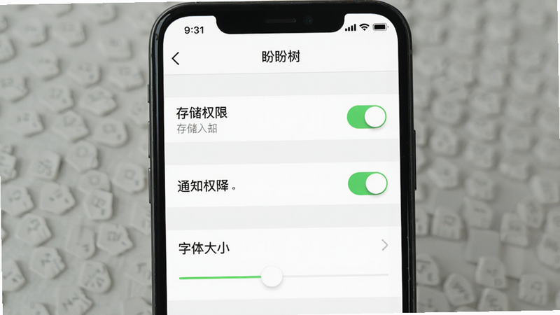 盼盼树APP移动端设置界面预览,主体为手机屏幕显示权限管理列表,布局为设置项垂直排列,排版简洁,风格白色背景黑色文字,细节包含存储权限开关、通知权限开关与字体大小滑块,画质清晰,干净,无多余元素