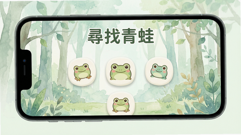 手机屏幕界面展示图,显示《找青蛙》的游戏主菜单,背景是淡雅的水彩风格森林,图标设计圆润可爱,文字清晰可见,UI布局整齐,色彩柔和,体现极简主义设计风格,高清渲染,无阴影干扰,细节精致