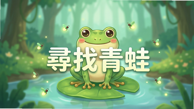 一张清新治愈风格的手机游戏宣传海报,主体是一只可爱的卡通青蛙站在绿色荷叶上,背景是模糊的森林和溪流,画面中央醒目地展示文字“找青蛙”,周围点缀着萤火虫光点,整体色调为柔和的薄荷绿和淡黄色,构图居中,留白充足,画质高清,细节丰富,无多余杂乱元素
