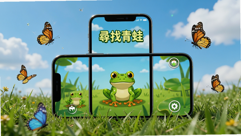手机在户外草地上的场景图,手机屏幕显示《找青蛙》游戏正在运行,背景是蓝天和白云,手机周围有蝴蝶飞舞,强调离线无网络也能游玩的概念,画面明亮,色彩鲜艳,突出便携性和随时随地娱乐的特点,高清摄影风格
