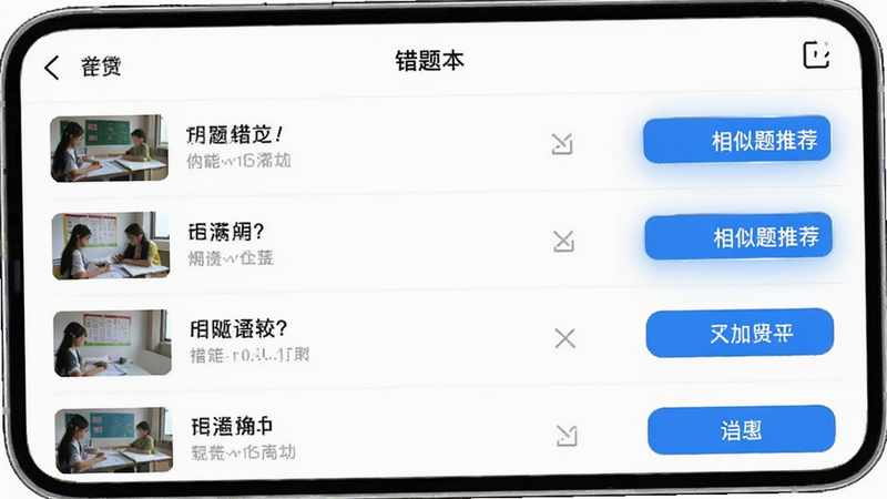 主体为手机界面,显示“错题本”列表,每行题目右侧有“相似题推荐”标签,布局为列表形式,左侧为题目缩略图,右侧为操作按钮,风格现代简洁,细节展示高亮选中状态,高清,干净,无多余元素