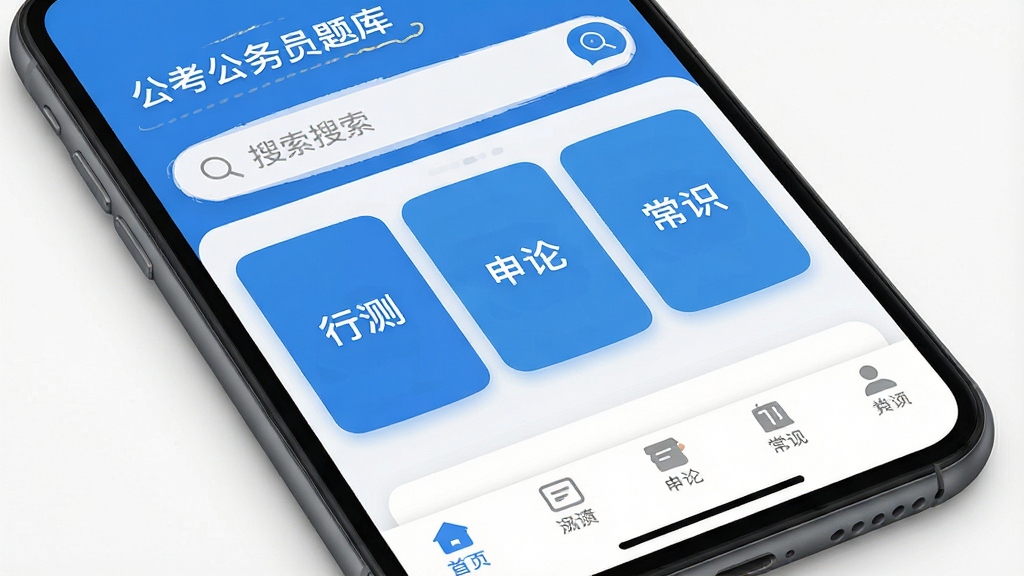 主体为智能手机屏幕特写,屏幕显示“公考公务员题库”APP首页,界面布局清晰,顶部为搜索栏,中部为“行测”、“申论”、“常识”三个大模块卡片,底部为导航栏,风格扁平化,配色蓝白相间,细节清晰,高清画质,干净无多余元素