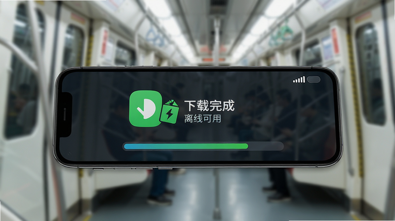 主体为手机侧面与下载进度条,背景为地铁车厢模糊虚化,屏幕显示“下载完成”及“离线可用”图标,布局聚焦于手机屏幕,风格写实,细节展示信号格为0但应用正常运行,高清,干净,无多余元素