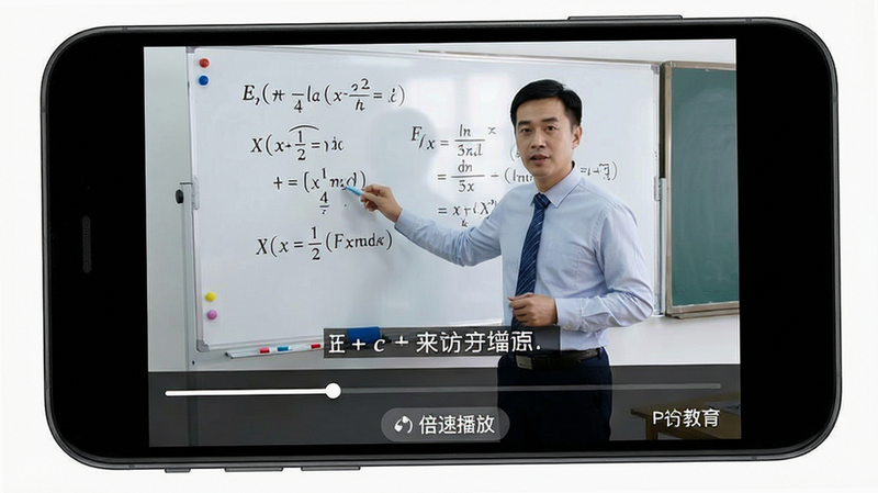 主体为手机屏幕播放视频界面,视频画面中老师正在白板前讲解数学题,屏幕下方有进度条和“倍速播放”按钮,布局紧凑,风格教育类,细节展示字幕同步显示,高清,干净,无多余元素
