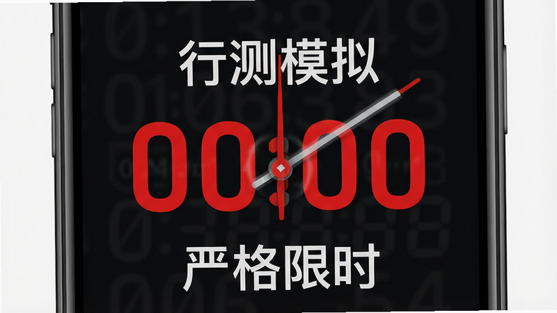 主体为手机屏幕显示倒计时界面,背景为深色模式,中央显示红色大号数字倒计时,周围环绕着“行测模拟”、“严格限时”字样,布局居中对称,风格紧张严肃,细节显示秒针跳动效果,高清,干净,无多余元素