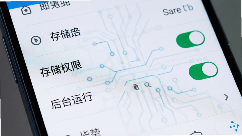 主体为手机设置界面特写,高亮显示“存储权限”和“后台运行”选项,背景为安卓系统设置菜单,布局清晰,风格科技感,细节展示开关状态为开启,高清,干净,无多余元素