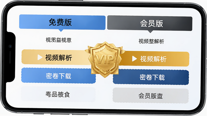 主体为手机屏幕显示会员权益对比表,左侧为“免费版”,右侧为“会员版”,高亮显示“视频解析”、“密卷下载”等差异项,布局对比鲜明,风格商务专业,细节展示VIP金色图标,高清,干净,无多余元素
