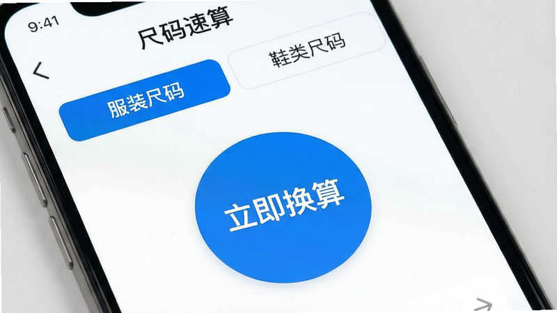 一张展示“尺码速算”APP界面的手机屏幕特写,主体为简洁的白色背景界面,中央显示一个醒目的蓝色圆形按钮,按钮内写着“立即换算”,上方有清晰的“服装尺码”和“鞋类尺码”两个选项卡,布局整齐,风格现代极简,细节清晰,画质高清,干净无多余元素