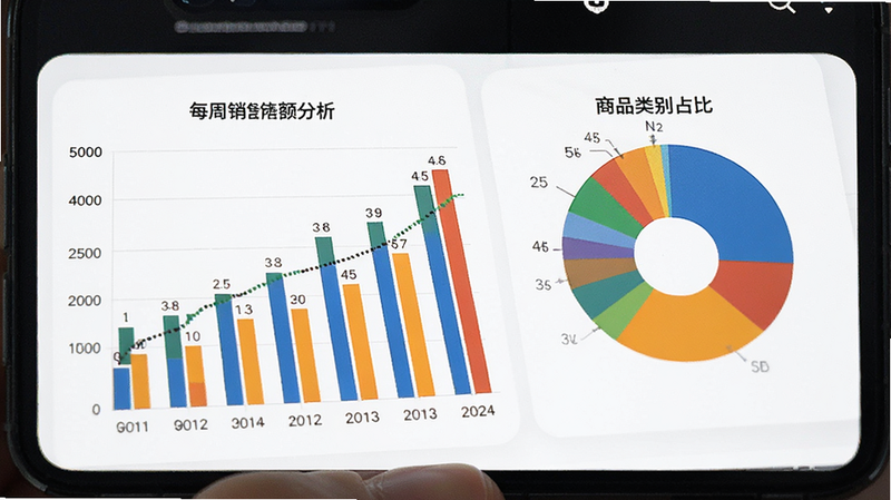 一张手机界面展示数据分析页面。包含一个柱状图和一个饼图,柱状图显示每周销售额,饼图显示商品类别占比。颜色鲜艳,区分度高,界面干净利落,专业商务风格,高分辨率,无水印