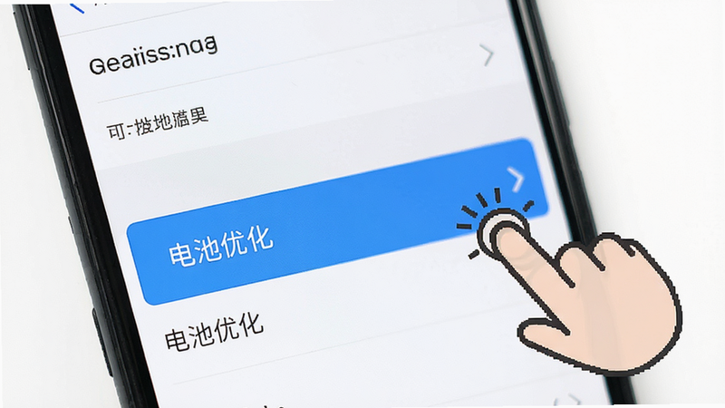 一张手机屏幕显示设置界面,高亮显示“电池优化”选项,旁边有手指点击的示意图。背景为白色,文字清晰,教程风格,简洁明了,高清