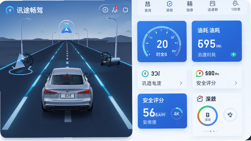 画面主体为讯途畅驾APP的高清界面预览图,布局采用左右分栏结构,左侧展示实时3D车辆模型与道路透视效果,右侧排列核心数据卡片,包含时速、油耗、安全评分等模块,排版简洁现代,风格为科技蓝白色调,细节处有微光效点缀,画质4k高清,干净无多余元素