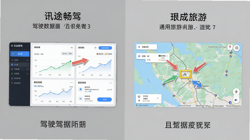 对比图,左侧为讯途畅驾的驾驶数据界面,右侧为通用的旅游地图界面,布局为左右对照,风格为中性灰色背景,细节处有箭头指示功能差异,画质清晰,干净无装饰