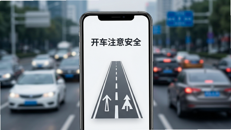 主体为一部竖屏智能手机,屏幕显示“开车注意安全”应用界面,背景为模糊的城市道路车流,布局为居中展示手机,风格为现代极简科技风,细节包含清晰的道路标识图标,画质高清,干净,无多余元素