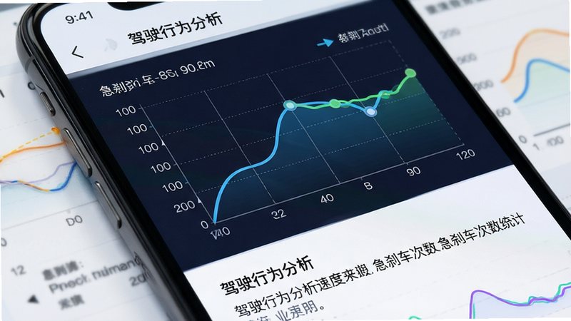 主体为手机应用界面特写,显示“驾驶行为分析”图表,包含速度曲线与急刹车次数统计,布局为上下结构,上方为图表,下方为文字说明,风格为数据可视化风格,细节包含清晰的坐标轴与数据点,画质高清,干净,无多余元素