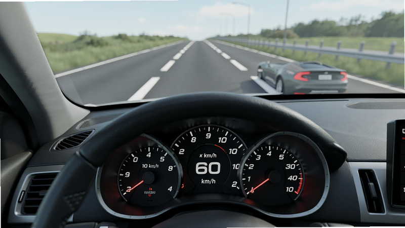 主体为汽车仪表盘视角,显示车速为60km/h,前方道路清晰,布局为第一人称视角,风格为写实风格,细节包含清晰的道路标线与车辆尾灯,画质高清,干净,无多余元素