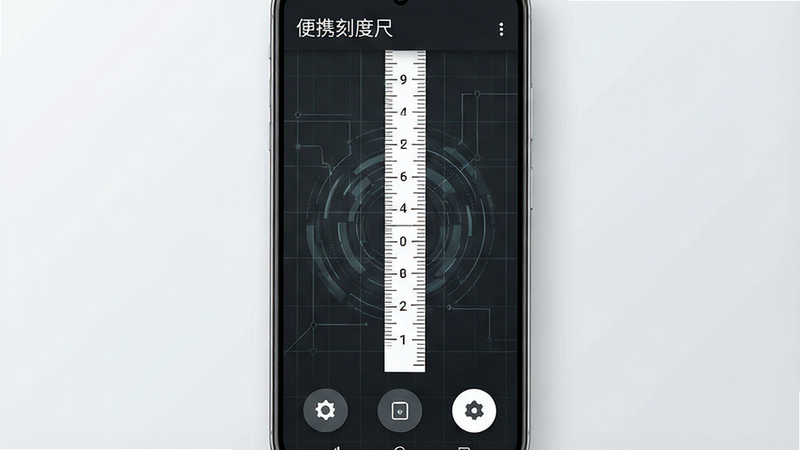 一张现代简约风格的安卓手机屏幕界面展示图,主体是“便携刻度尺”APP的主界面,背景为深灰色科技感网格,屏幕中央显示一条清晰的白色数字刻度线,刻度数字清晰可见,界面顶部有APP名称“便携刻度尺”,底部有三个圆形功能按钮,整体布局整洁,光线柔和,高分辨率,无多余元素
