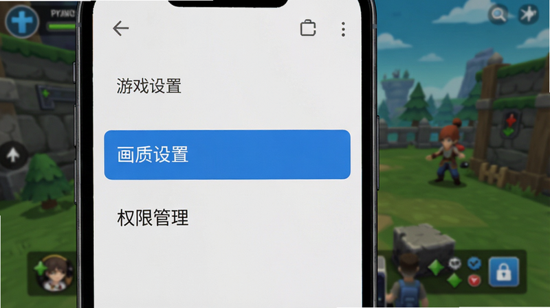 主体为手机屏幕截图界面,显示游戏设置菜单,高亮显示“画质设置”与“权限管理”选项,界面简洁清晰,字体清晰可读,背景为游戏主界面,风格扁平化,无多余元素