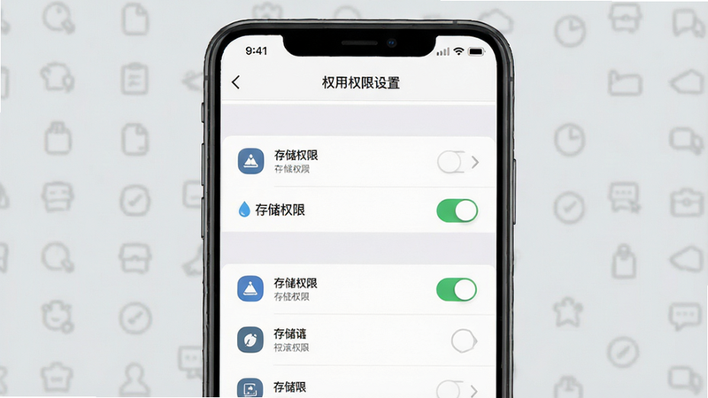 一张手机设置界面的示意图,主体为“应用权限管理”页面,高亮显示“存储权限”开关处于开启状态,布局垂直排列,风格扁平化,细节处显示权限图标清晰,画质标准,背景为浅灰色,文字“权限设置”居中显示