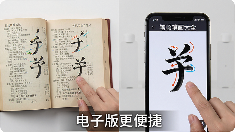 一张对比图,左侧是传统纸质字典翻开的页面,右侧是“笔顺笔画大全”手机屏幕显示动态笔顺,主体突出电子版的便捷性,布局左右对称,风格写实,细节处显示手指点击屏幕的动作,画质高清,背景简洁,文字“电子版更便捷”作为底部标语