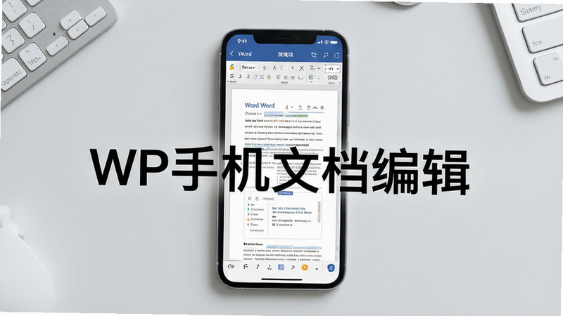 一张展示“WP手机文档编辑”App界面全貌的高清图片。主体为手机屏幕,显示着正在编辑的Word文档,背景为干净的浅灰色办公桌面。布局居中,排版整齐,风格现代简约,细节清晰,画质高清,干净无多余元素,文字“WP手机文档编辑”清晰可见。