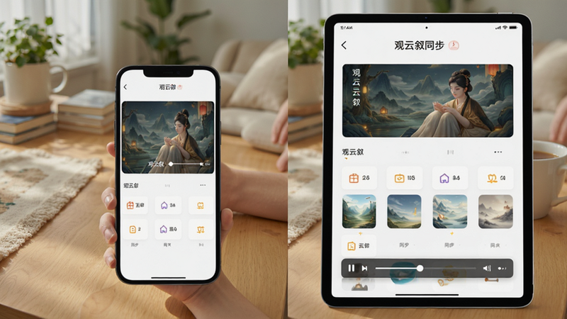 主体为手机与平板并排展示观云叙界面,布局为双屏对比,排版对称,风格为生活化场景,细节展示同步播放进度条,画质明亮清晰,无多余元素,文字包含