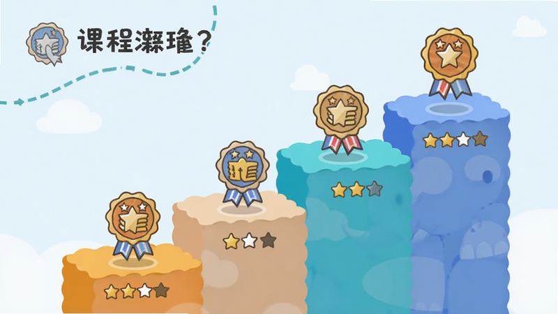 主体为蓬蓬象应用的学习进度界面,布局呈阶梯状上升,每个台阶代表一个课程关卡,风格为简约矢量插画,细节展示徽章奖励和星星评分,画质清晰,干净无多余元素