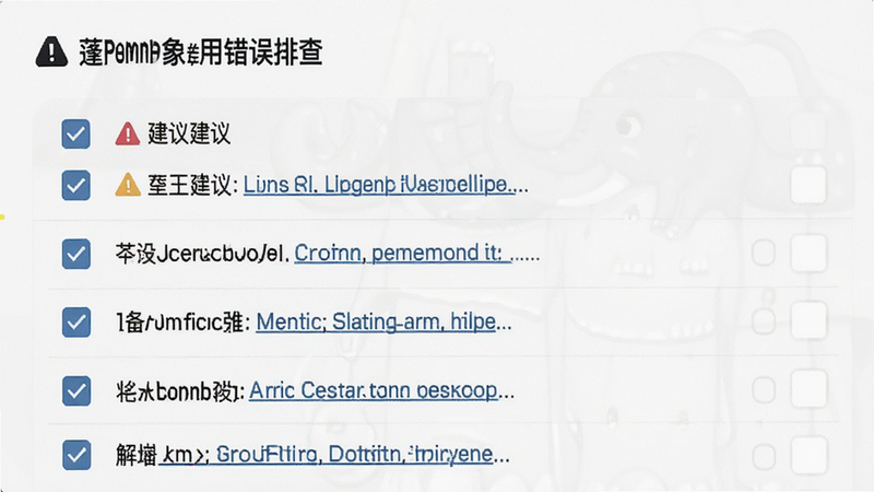主体为蓬蓬象应用错误排查界面,布局为清单式排列,包含勾选框和建议文字,风格为极简主义,细节展示警示图标和解决方案链接,画质清晰,干净无多余元素