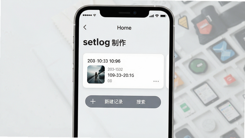 一张高清手机应用界面展示图,主体为“setlog制作”APP首页,采用极简扁平化设计风格,背景为浅灰色,中央显示一条带有时间戳和缩略图的日志卡片,卡片下方有“新建记录”和“搜索”两个圆角按钮,顶部状态栏显示电池和时间,整体布局整洁,无多余装饰,文字清晰可读,4K画质,干净无杂物