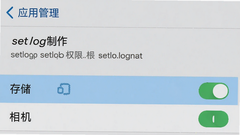 手机设置界面截图,显示“应用管理”中的“setlog制作”权限设置页面,高亮显示“存储”和“相机”权限开关为开启状态,界面清晰,文字可辨,模拟真实系统UI风格,高清